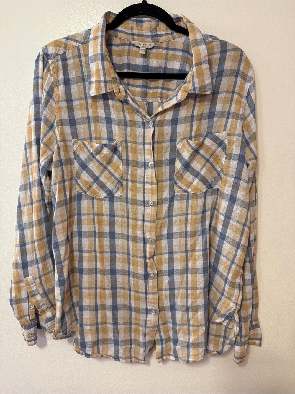 Lucky Brand Plaid Button Down Shirt Women’s XL Blue Yellow Lightweight Flannel